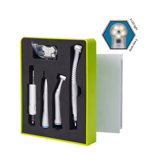 Electric Dental LED Turbine Handpiece Kit 5-Way Water Spray Low Speed Contra Angle Ceramic Bearing